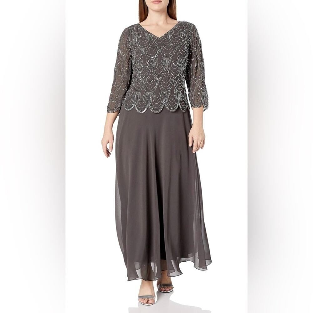 J Kara 3084sew Plus Size 3/4 Sleeve with Scallop Beaded Pop Over